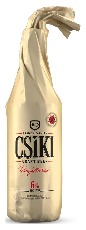 Sticlă Csíki Unfiltered, învelită în hârtie