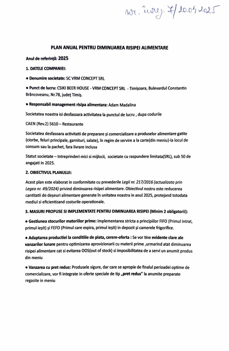 Prima pagină a planului anual: datele companiei, obiectivul planului și măsurile propuse.
