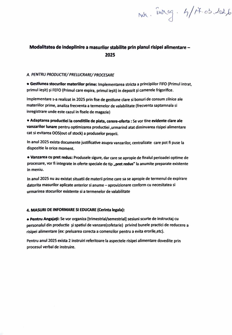 Prima pagină a raportului: îndeplinirea măsurilor la producție, pregătire și procesare.